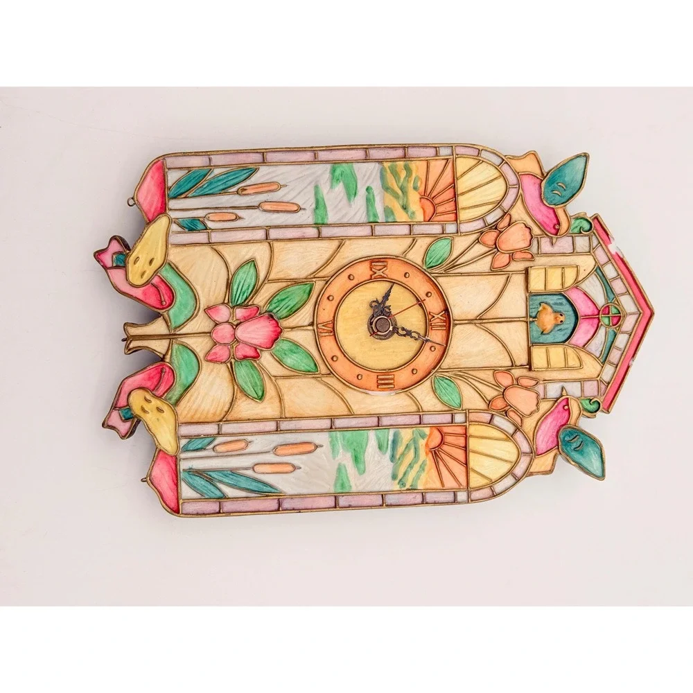 Vintage Style Faux Stained Glass Bird Cuckoo Wall Clock Nature Theme Untested